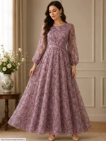 Purple 3-D Block Printed Organza Gown Dress for Women