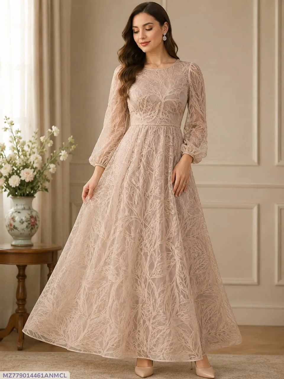 MZ779014461ANMCL-media-1 Pakistani Embroidered Gown Dress Beige Net Long Sleeve - Image 1