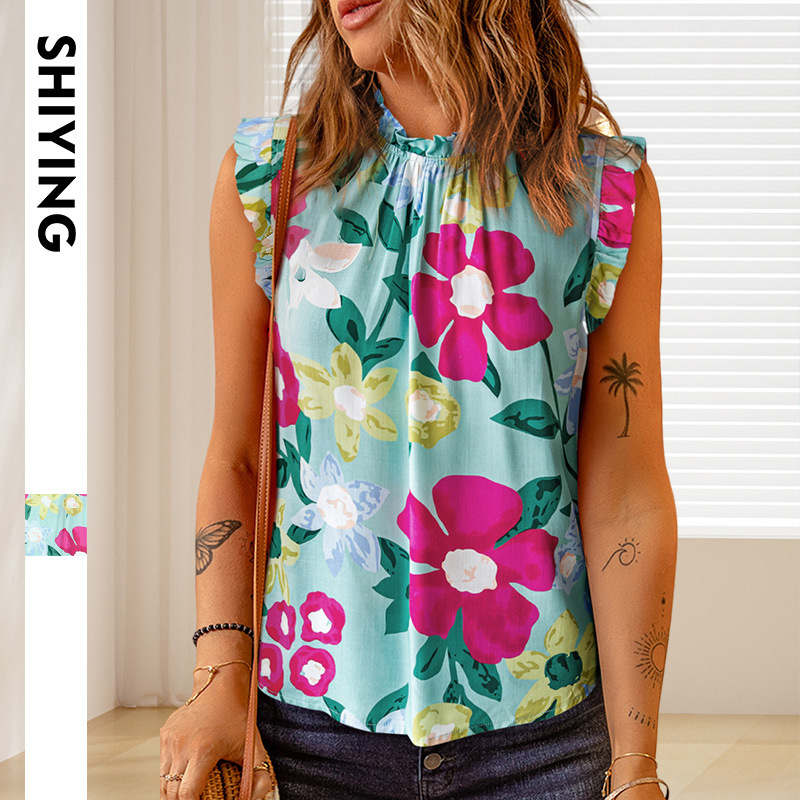 MZCHYHAM1341-media-1 Women Floral Ruffled Sleeveless Top Summer Light Blue - Image 1