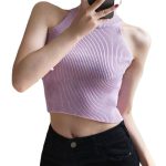 Women Blue Ribbed Halter Crop Top Slim Fit — Summer Essential - Image 3