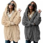 12\Women's Faux Fur Hooded Coat — Khaki Grey Winter Warm Outerwear
