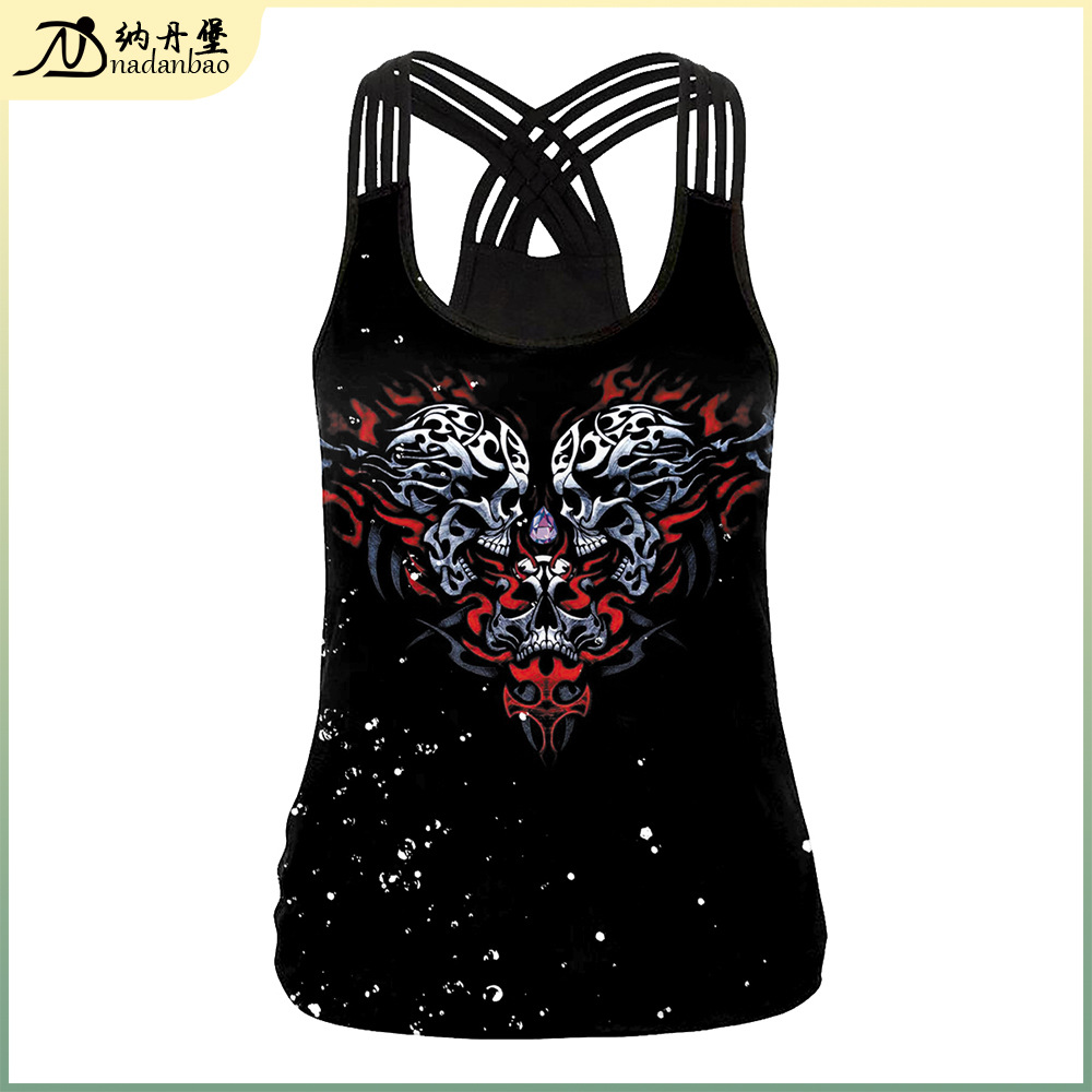 img (2) Women Skull Print Slim Fit Vest — Breathable Cross-Back Tank Top Pakistan - Image 1