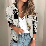 Women's Printed Zipper Jacket — Retro Cat Print Autumn Casual