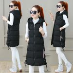 Women's Black Mid-Length Down Vest – Hooded Slim Fit Winter Vest with Drawstring