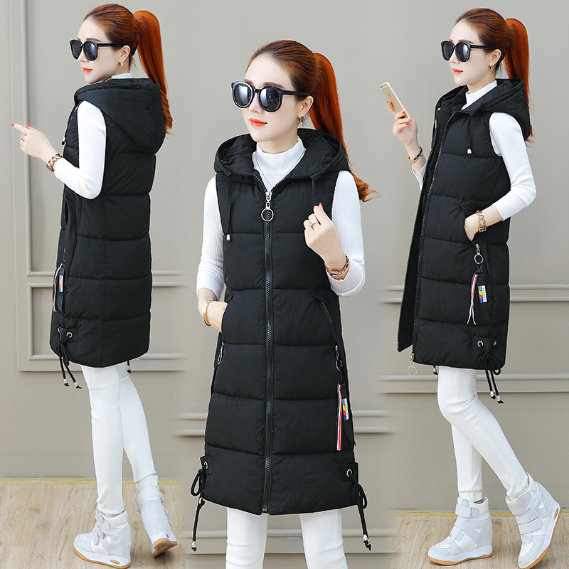 img (22) Women's Black Mid-Length Down Vest – Hooded Slim Fit Winter Vest with Drawstring - Image 1