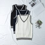 Women V-Neck Knitted School Vest – Classic Sleeveless Sweater in White and Navy - Image 3