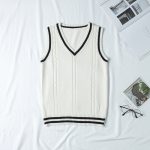 Women V-Neck Knitted School Vest – Classic Sleeveless Sweater in White and Navy - Image 2