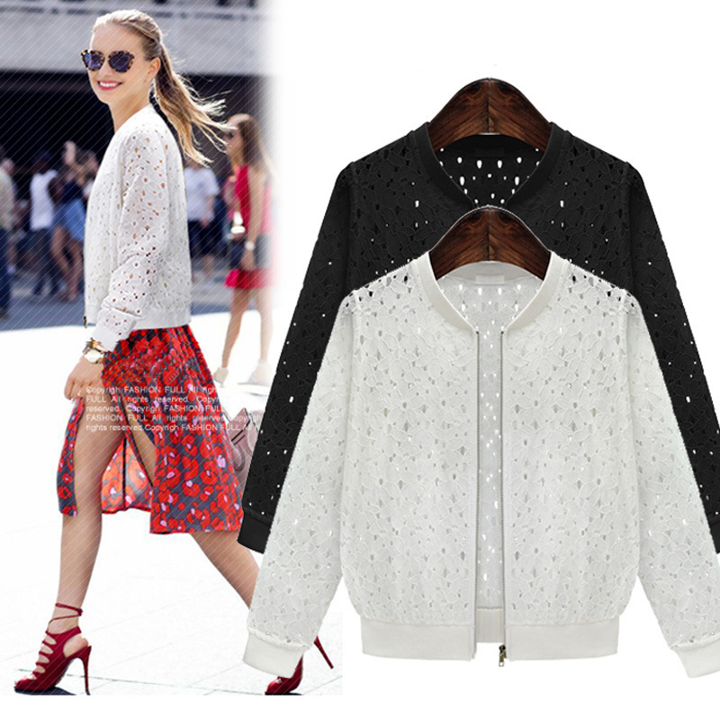 img (29) Women Lace Bomber Jacket — White Black Summer Outerwear - Image 1