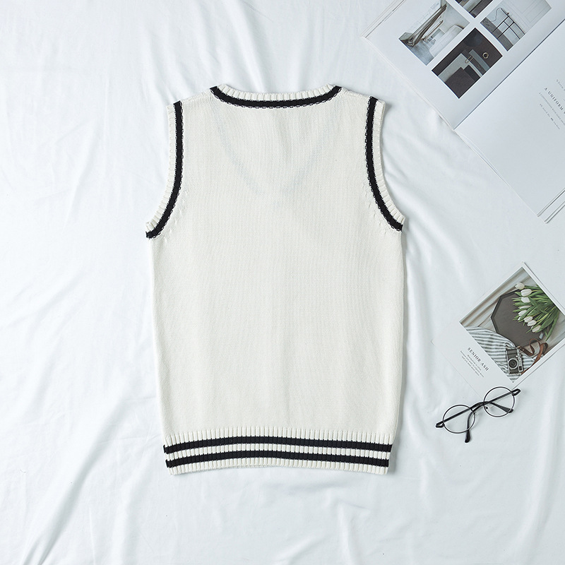 img (30) Women V-Neck Knitted School Vest – Classic Sleeveless Sweater in White and Navy - Image 1