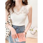 Women Lace Camisole Slim Fit White Knitted Top