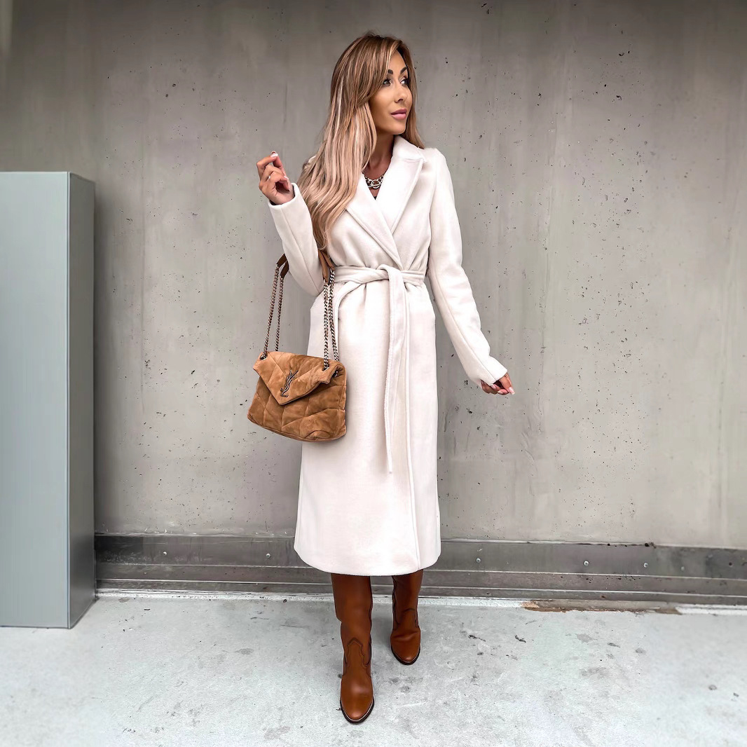img (34) Women Woolen Belted Coat – Elegant V-Neck Wool Coat in White, Camel, Black - Image 1