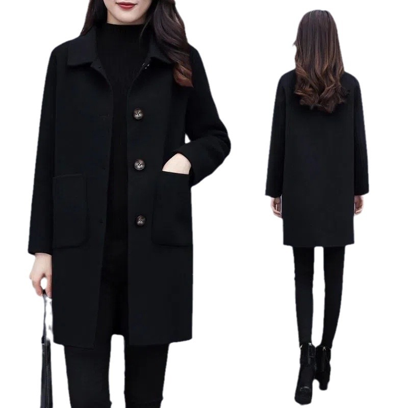 img (35) Women's Black Wool Coat — Loose Fit Plus Size Winter Coat - Image 1