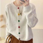 Pink Knitted Cardigan with Colorful Buttons for Women