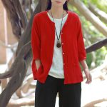 Women Red Cotton Linen Loose Cardigan Jacket - Image 2