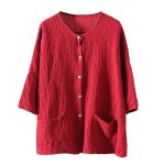 Women Loose Cotton Linen Cardigan – Plus Size Red Autumn Cardigan Top