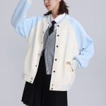 Women's Cream Blue Baseball Jacket — Button Front Varsity Style