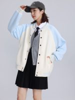 Women's Cream Blue Baseball Jacket — Button Front Varsity Style