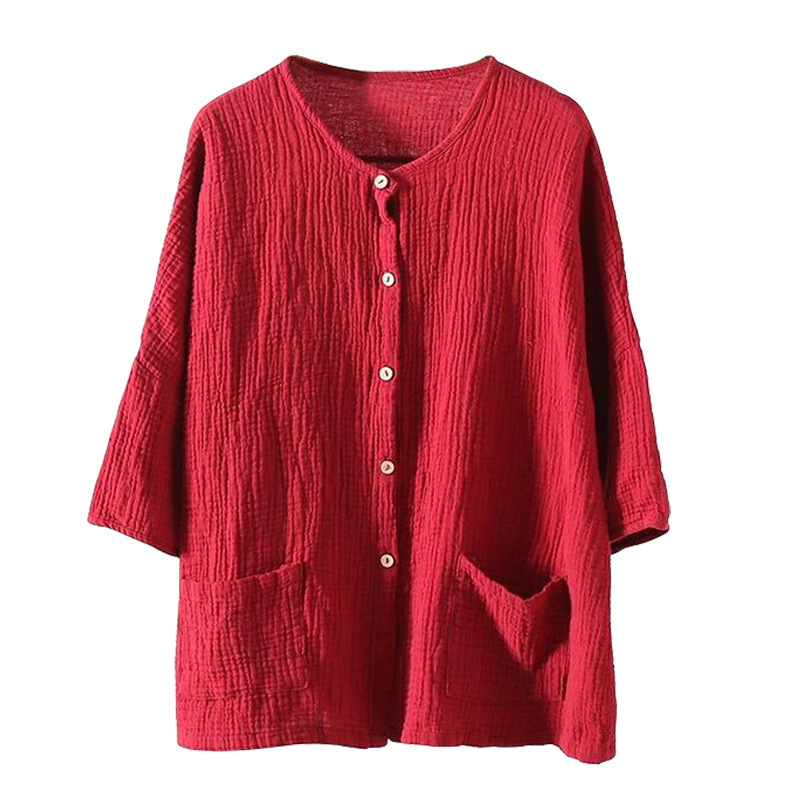 img (7) Women Red Cotton Linen Loose Cardigan Jacket - Image 1
