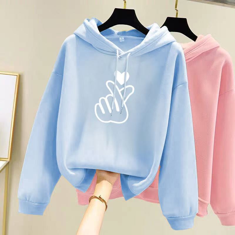 img Women Hoodie with Heart Hand Print — Loose Fit Fleece Sweatshirt - Image 1