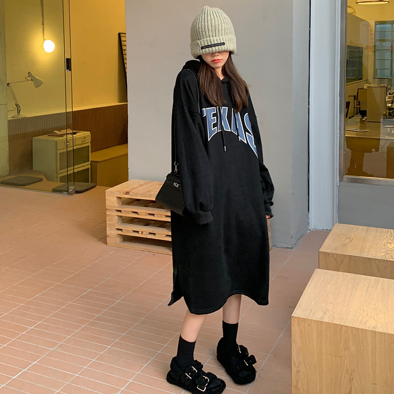 img Oversize Hooded Fleece Sweater Dress — Black Plus Size Retro Print - Image 1