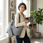 Women's Grey Checkered Shoulder Bag Set – 3-Piece PU Leather Collection