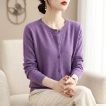 Women Purple Knitted Cardigan — Spring Long Sleeve Sweater