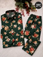 2 Pcs Women's Unstitched 3-D Block Printed Cotton Suit - Green