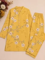 2 Pcs Women's Unstitched 3-D Block Printed Cotton Suit - Yellow