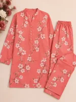 2 Pcs Women's Unstitched 3-D Block Printed Cotton Suit - Pink