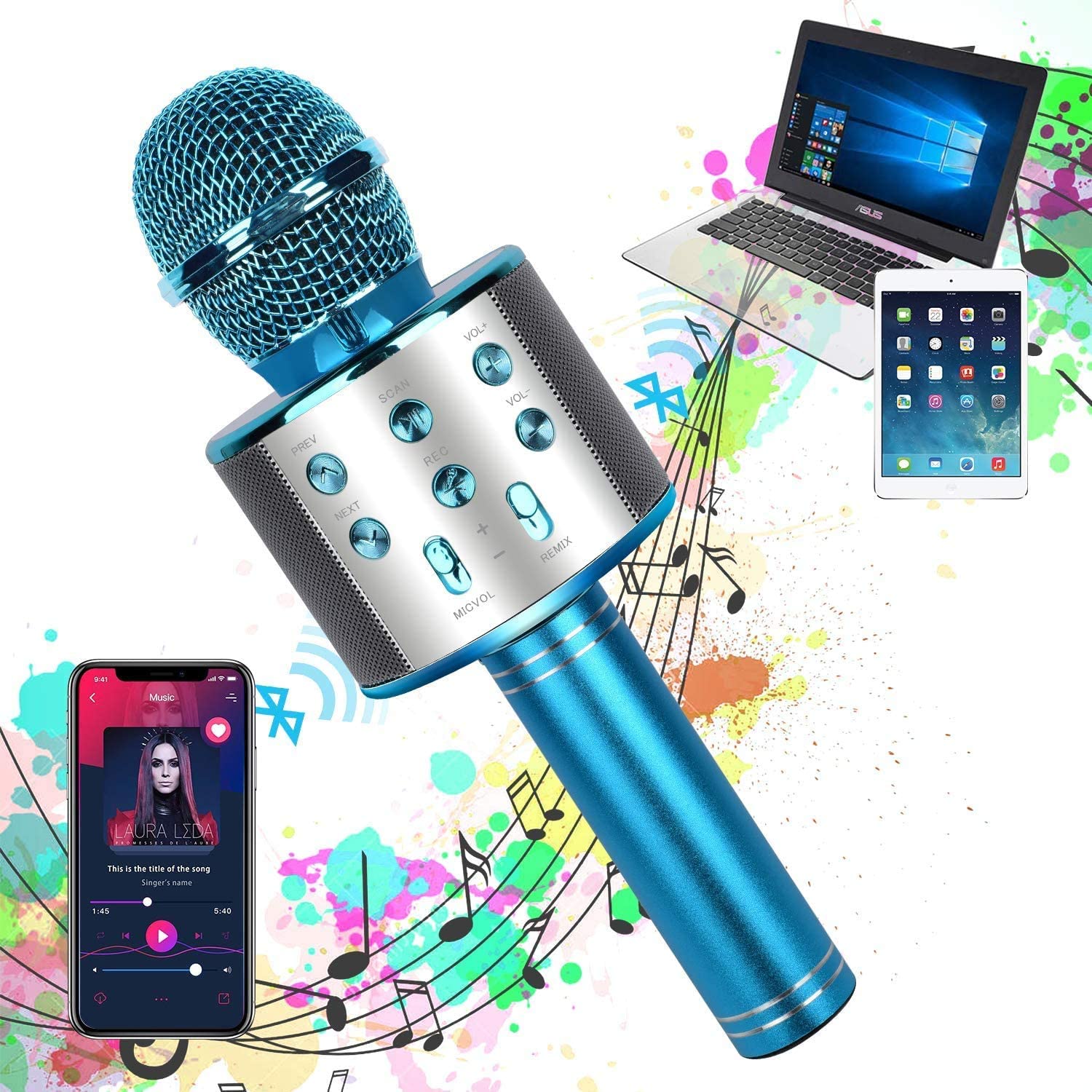 11-1.jpg Bluetooth Handheld Karaoke Speaker Player Machine for Kids Adults Home KTV Party for Android/Iphone/Ipad/Pc (Random Color) - Image 1