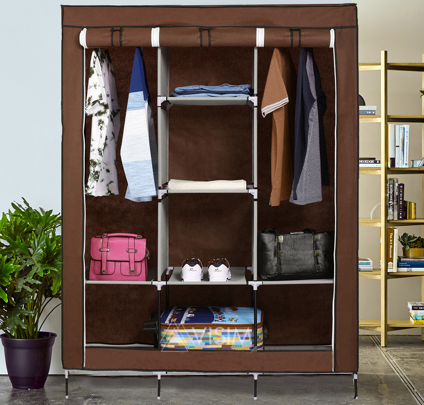 2a9747e92d0111f7d440b1b6a6501cda.jpg Portable Storage Cabinet 3 Door Large Size 5 by 4 Ft | Aluminum Rods and Fabrics Wardrobe Stand - Image 1