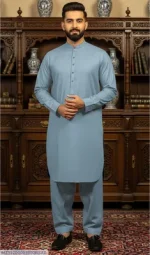 Men's Blue Cotton Kurta Pyjama Suit – Unstitched Summer Wear Pakistan