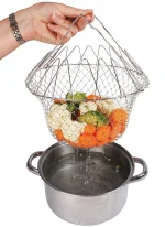 STAINLESS STEEL MULTI-FUNCTIONAL FOLDABLE COOKING Chef Basket Deluxe Kitchen Colander, MESH STEAM RINSE STRAIN FRY BASKET DEEP FRYER - Image 2