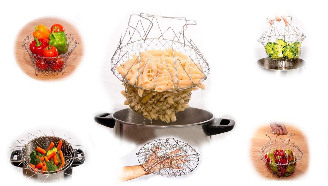 381b2_e1428809-41f3-4a76-a0cb-f89c0e15a006_1024x1024@2x.jpg STAINLESS STEEL MULTI-FUNCTIONAL FOLDABLE COOKING Chef Basket Deluxe Kitchen Colander, MESH STEAM RINSE STRAIN FRY BASKET DEEP FRYER - Image 1