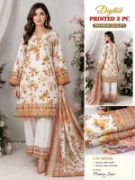 2 Pcs Women's Unstitched 3-D Block Printed Cotton Suit - Brown