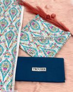 2 Pcs Women's Unstitched Digital Print Lawn Suit - Blue - Image 2