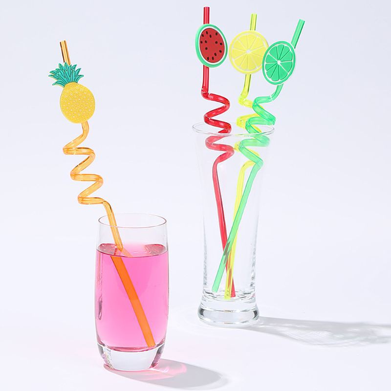 7-3.jpeg 4Pcs Cartoon Lime Lemon Pineapple Watermelon Plastic Spiral Drinking Straws Children (random color ) - Image 1