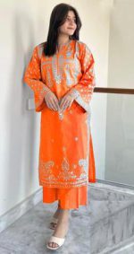 Orange Embroidered Lawn Suit for Women - Silver Embroidery 2 Pcs - Image 4