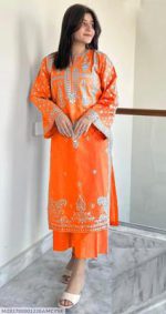 Orange Embroidered Lawn Suit for Women - Silver Embroidery 2 Pcs