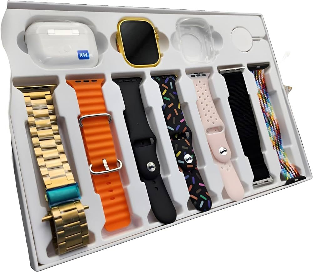 8d308bf74439ff0ad3ac0bcc211fa3ea-1.jpg i20 Ultra Max Suit Smartwatch 10-in-1 Box – 2.3-Inch Large Display with 7 Mixed Color Straps and AirPods 2 – Complete Smart Combo Set for Men and Women (Random Color) - Image 1