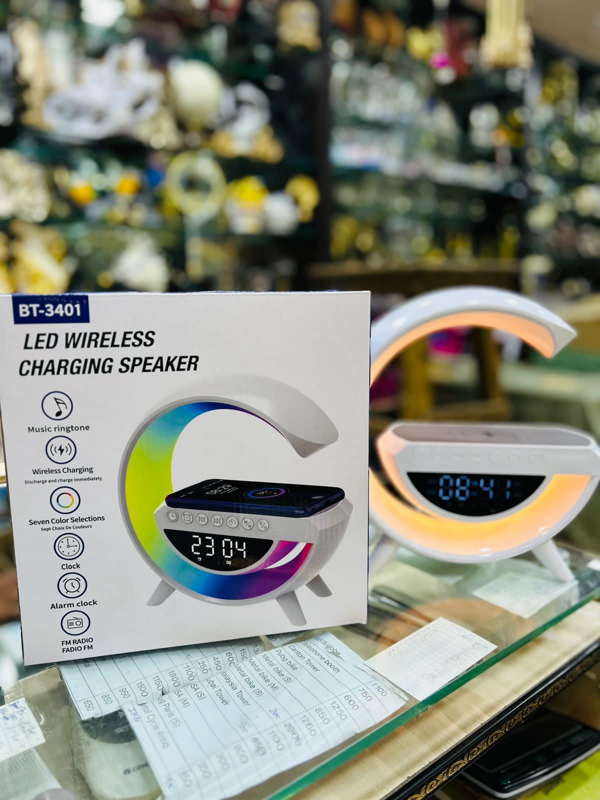 WhatsApp-Image-2024-03-15-at-5.14.08-AM.jpeg BT- 3401 Multi-functional LED Clock Display Speaker G Lamp | LED wireless charging speaker, G-shaped speaker light, Bluetooth Mp3 player, night light and alarm clock, for living room - Image 1