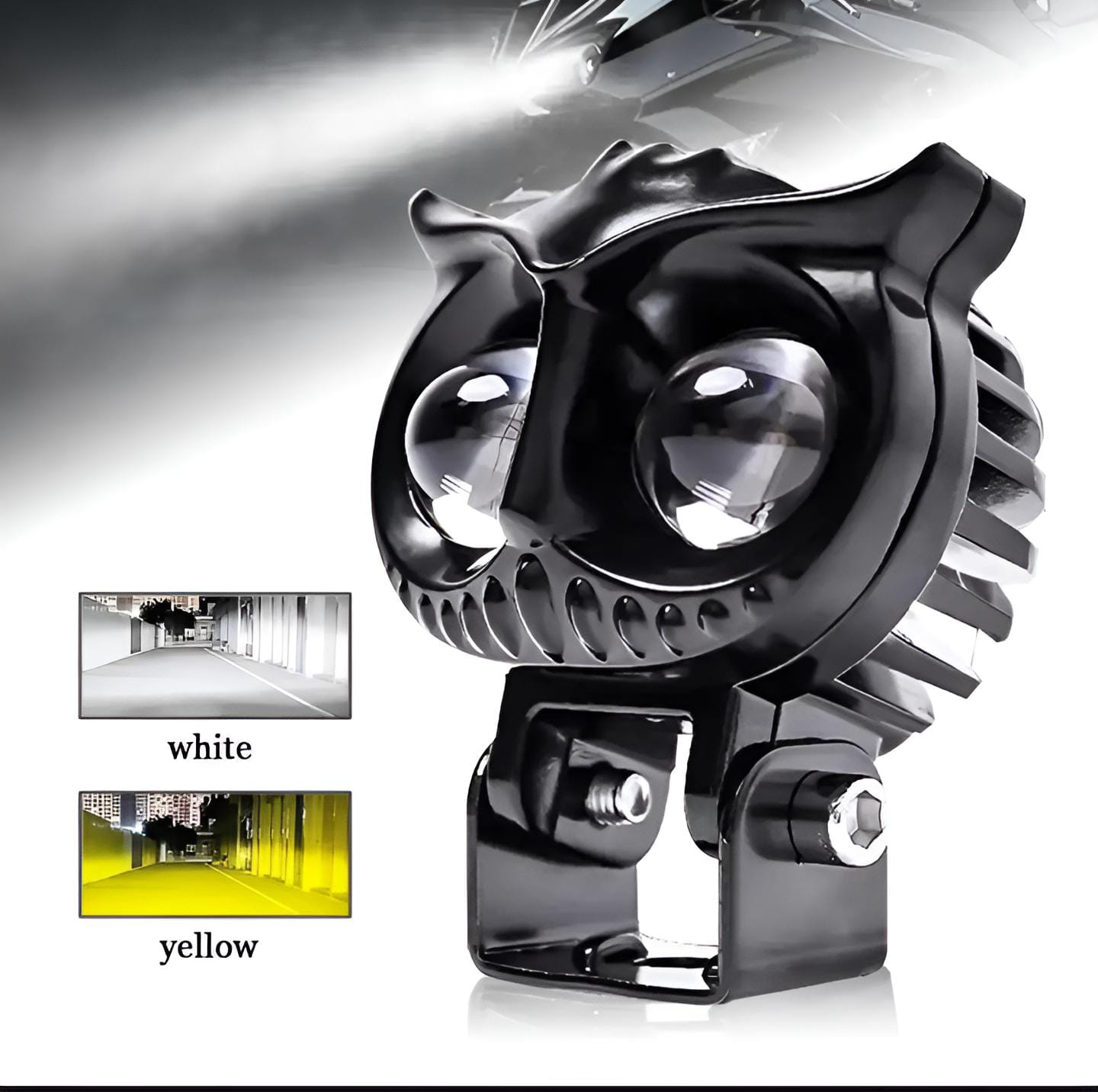 WhatsApp-Image-2024-06-15-at-4.19.45-PM-1.jpeg 2 Pcs OWL Shape Fog Yellow-White & Flash light Low & High Beam Owl Plastic Body Spot Light for All Cars And Bikes 9V-60V 40W - Image 1
