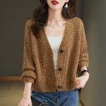 Women V-Neck Knitted Cardigan — Loose Fit Winter Brown