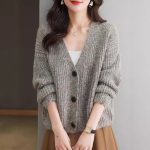 Women V-Neck Knitted Cardigan — Loose Fit Winter Brown - Image 3