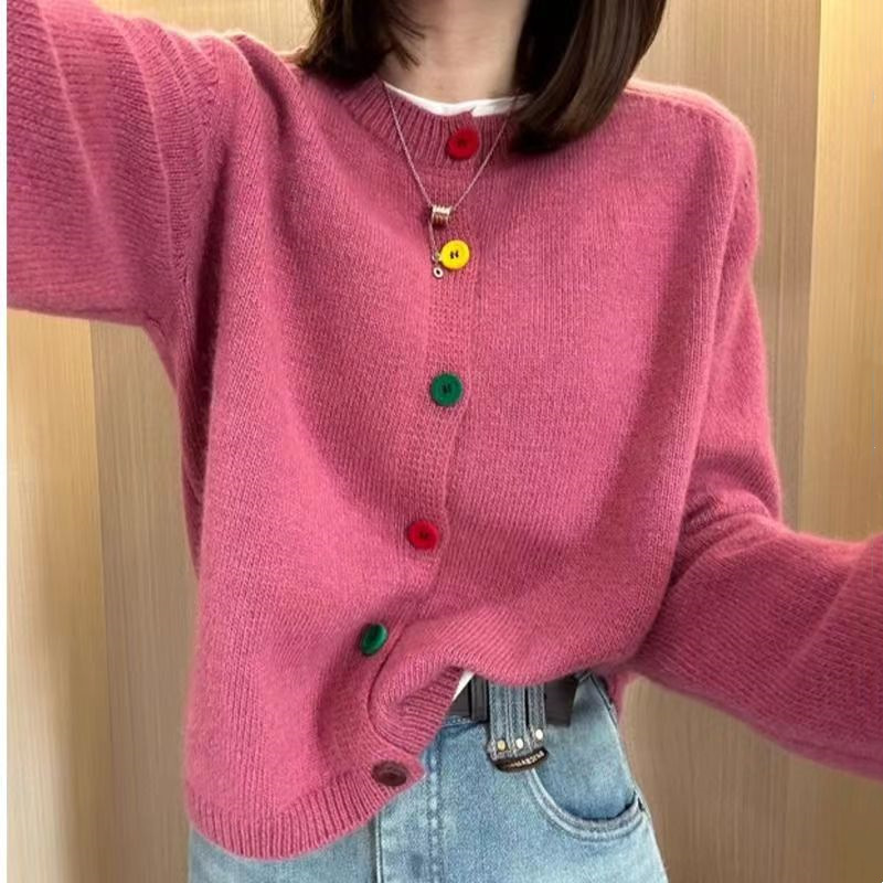 img Pink Bow Knitted Cardigan for Women — Korean Style Winter Loose Fit - Image 1