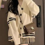 Women Loose Knitted Cardigan – Cream Striped Retro Winter Sweater