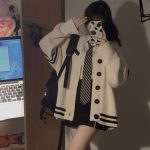 Women Loose Knitted Cardigan – Cream Striped Retro Winter Sweater - Image 3