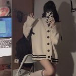 Women Loose Knitted Cardigan – Cream Striped Retro Winter Sweater - Image 5