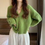 Women Green Waxy Knit Cardigan Jacket — Winter New Style V-Neck
