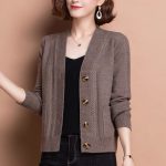 Women Knitted Cardigan — Brown Button Cable Knit Autumn Style